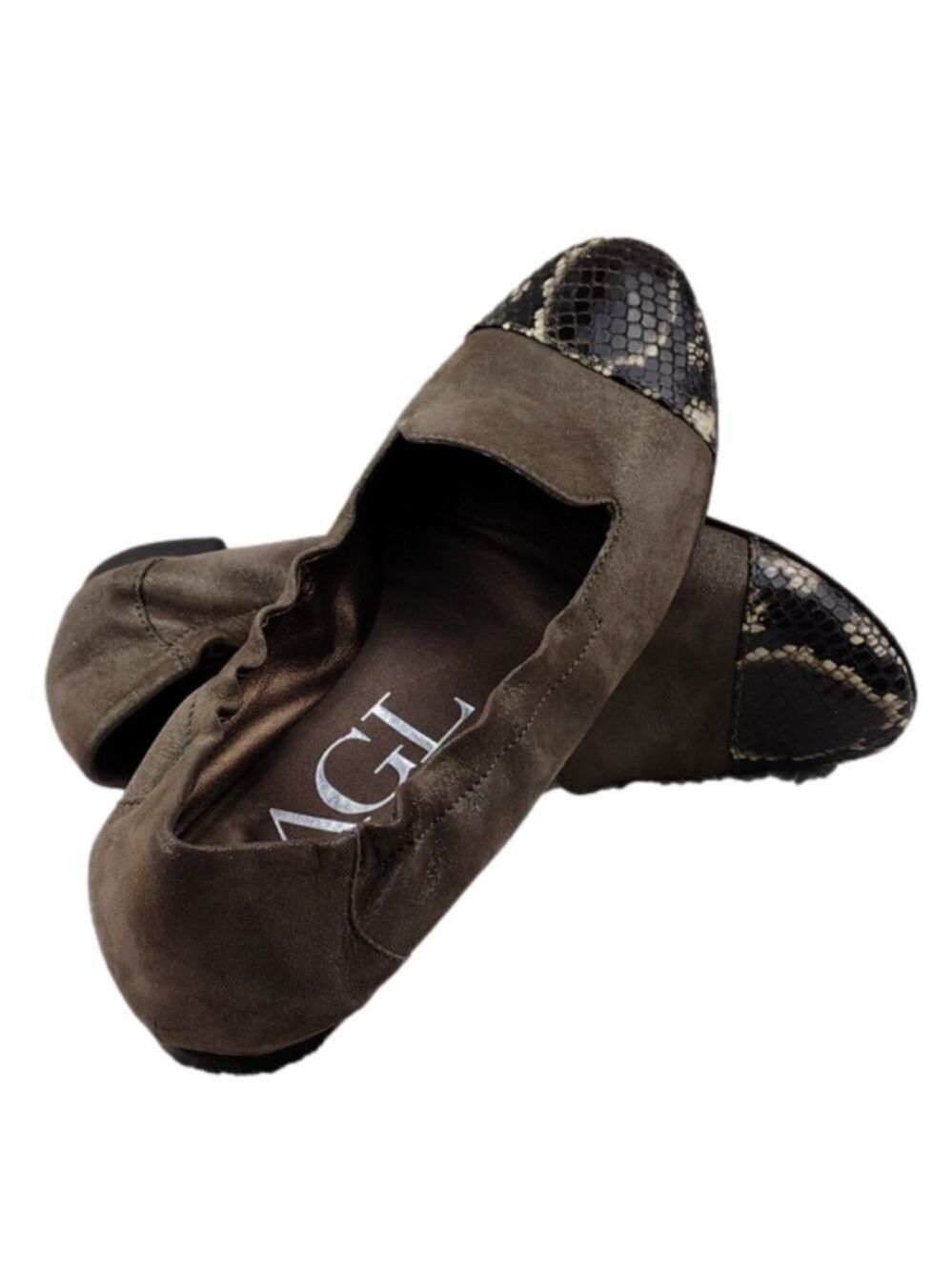 AGL Attilio Giusti Leombruni Brown Metallic Leather Snakeskin Toe Cap Flat Shoe